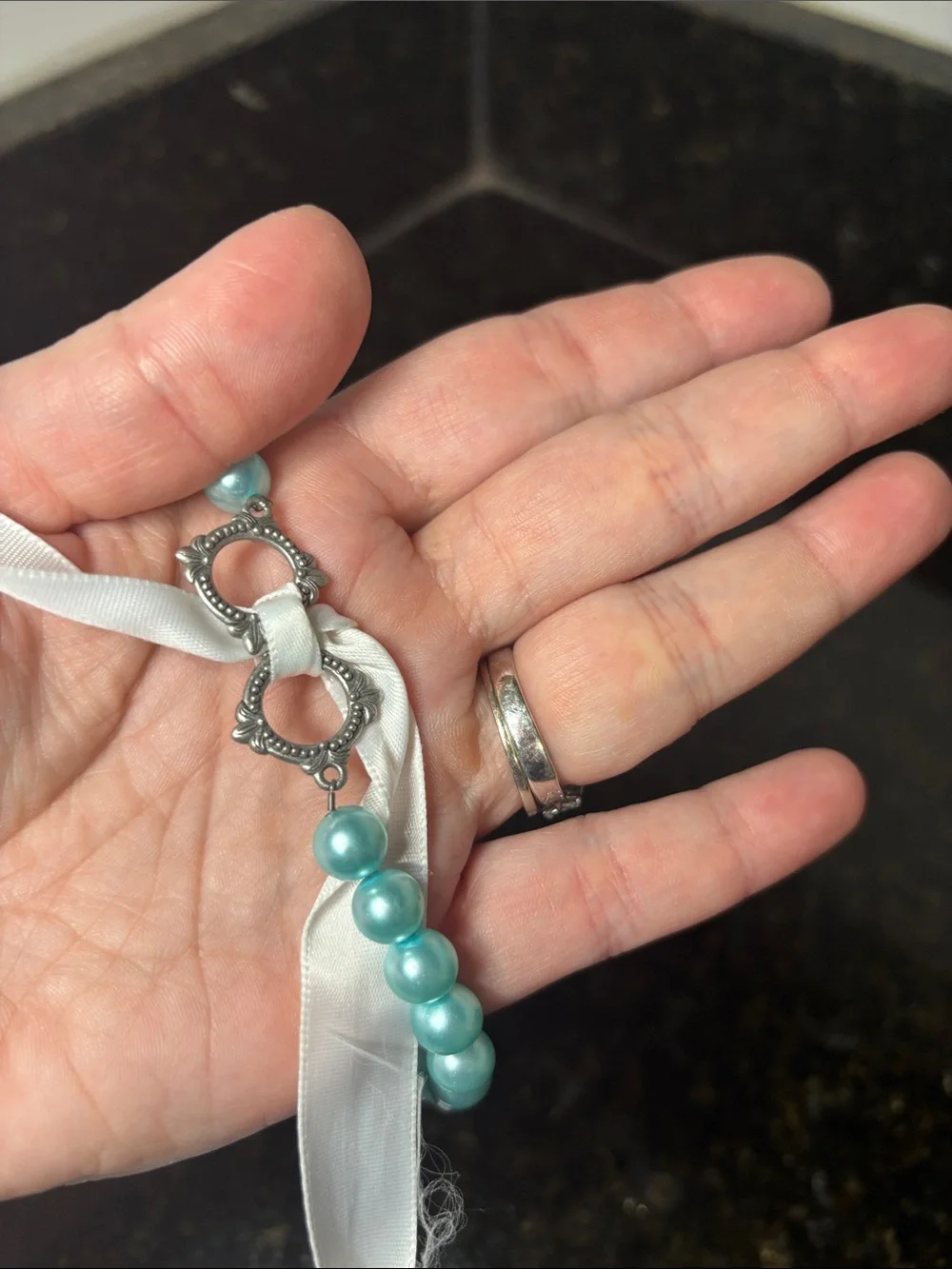 Vintage Blue Faux Pearl Choker Necklace with Silver Toggle/Ribbon Clasp-15.5”